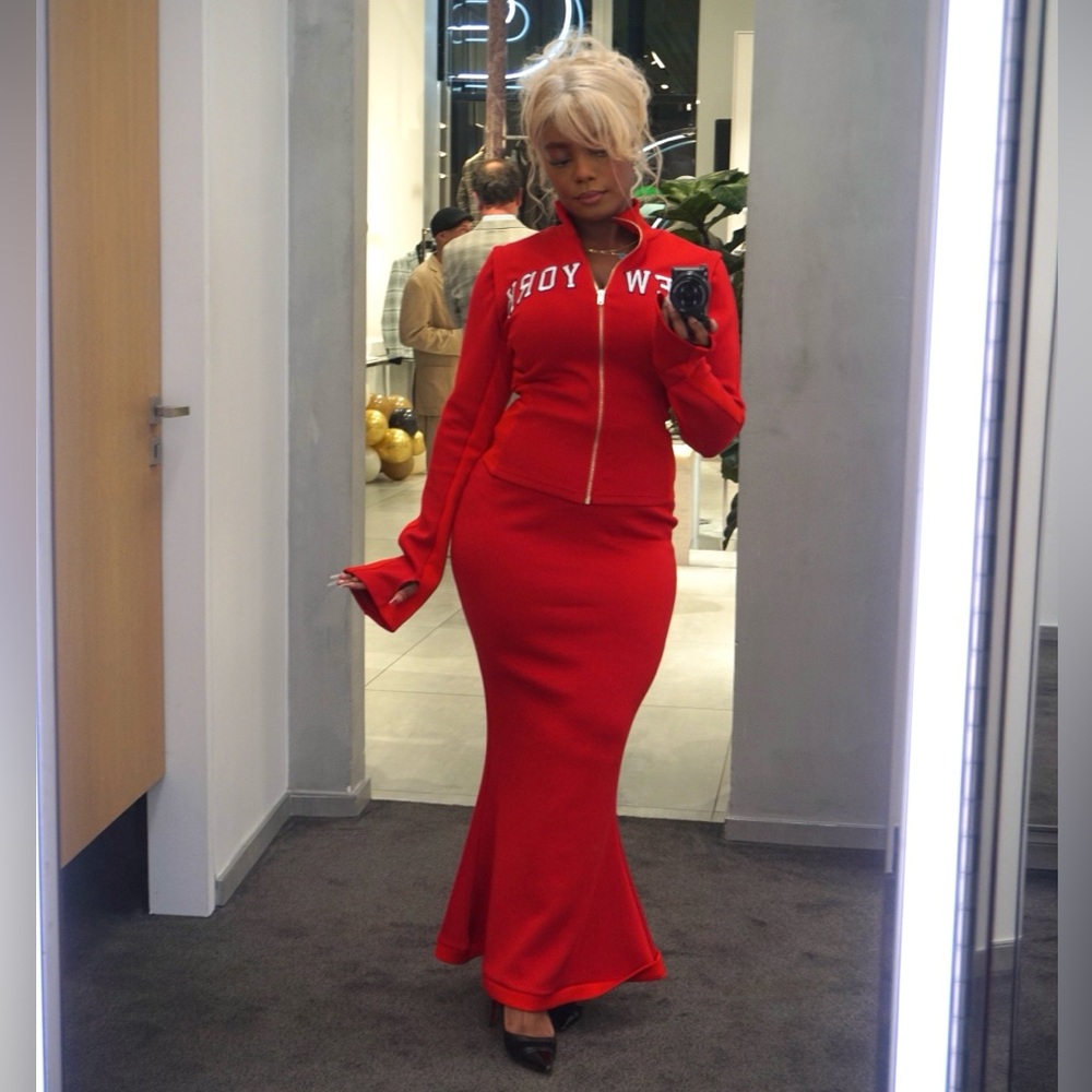 Red New York Embroidered Knit Jacket and Skirt Set